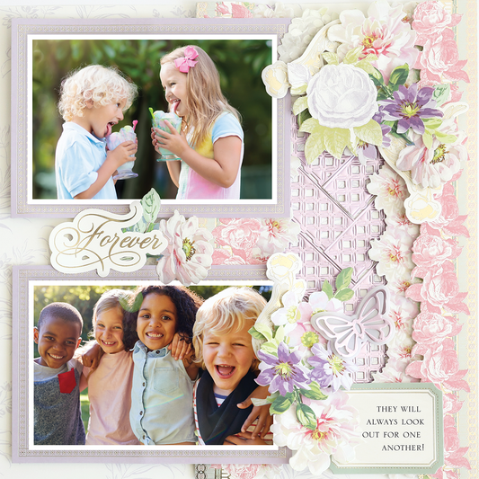 Two children share drinks and smile in the top photo; four children stand together and smile outdoors in the bottom, all framed by floral and butterfly décor on the 12x12 Scrapbook Page Antique Botanical Floral Left.