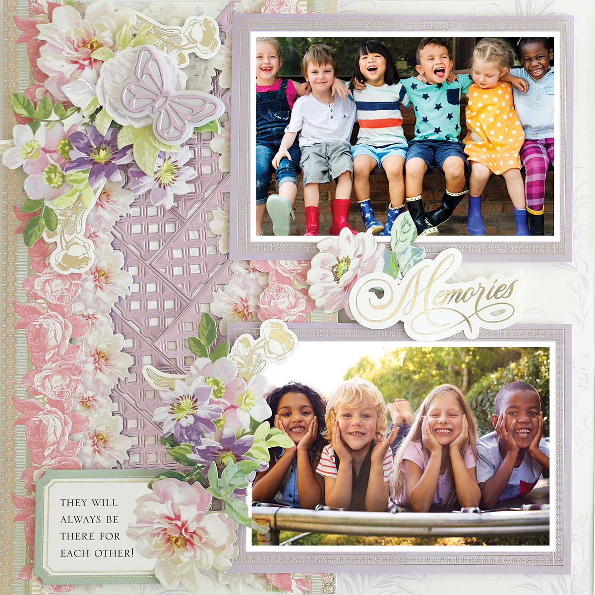 The 12x12 Scrapbook Page Antique Botanical Floral Right showcases two smiling children, photorealistic paper crafting, floral accents, and the caption “They will always be there for each other!”—ideal for archival memory keeping.