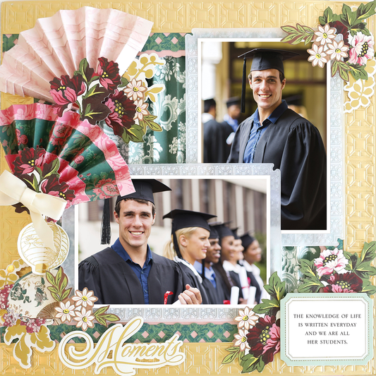 The 12x12 Scrapbook Page Lian Fans Left features two photo realistic graduates in caps and gowns, floral decor, paper fans, and an uplifting quote about life and learning—ideal for preserving your memories.