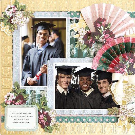 Three graduates in caps and gowns smile for photos, with one holding a diploma. The 12x12 Scrapbook Page Lian Fans Right features decorative floral and fan motifs plus a plaque: “Hopes and dreams can be reached when you have your friends nearby.”.