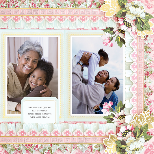 The 12x12 Scrapbook Page Lian Fancy Border Left displays two photos: an older woman hugging a child and a family playing, with the caption, "The years go quickly, making these moments special.