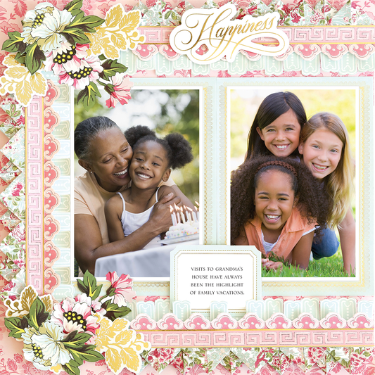 The 12x12 Scrapbook Page Lian Fancy Border Right displays two photos—an older woman hugging a young girl, and three girls smiling on grass—with floral borders and the text, "Visits to Grandma’s house...