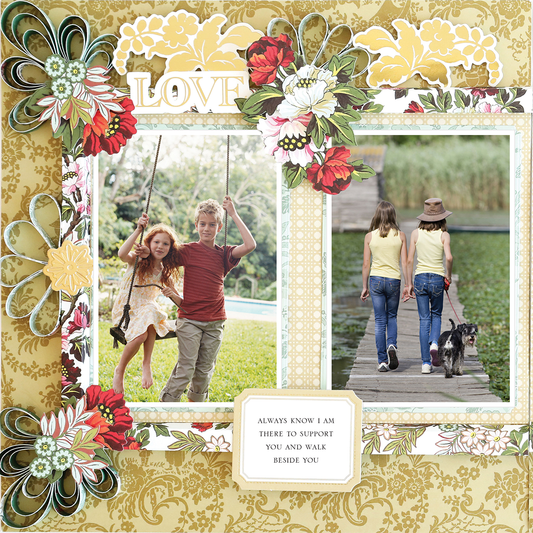 The 12x12 Scrapbook Page Lian Quilled Paper Left features two photorealistic scenes—a girl and boy on a swing, and two girls with a dog—set among floral patterns, perfect for archival paper crafting.