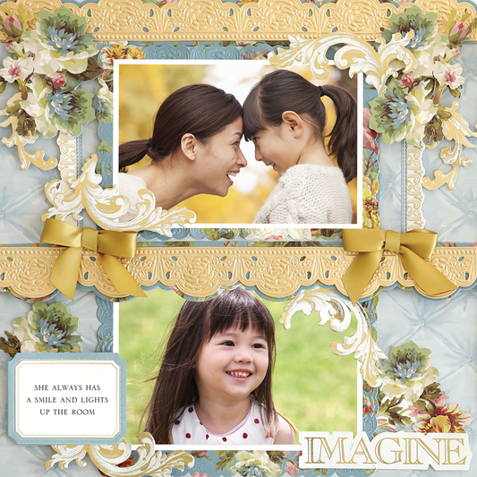 In the top photo, a woman and girl touch foreheads and smile; in the bottom, the girl smiles alone. This 12x12 Scrapbook Page Francesca Rose Border Left features floral accents, “IMAGINE,” and an inspiring quote—ideal for archiving.
