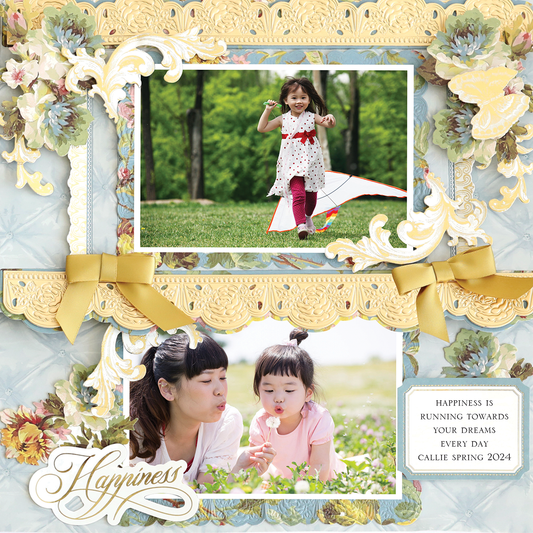 The 12x12 Scrapbook Page Francesca Rose Border Right displays two photos—a girl running on grass and a woman and child with a dandelion—with the text: “Happiness is running towards your dreams every day. Callie Spring 2024.”.