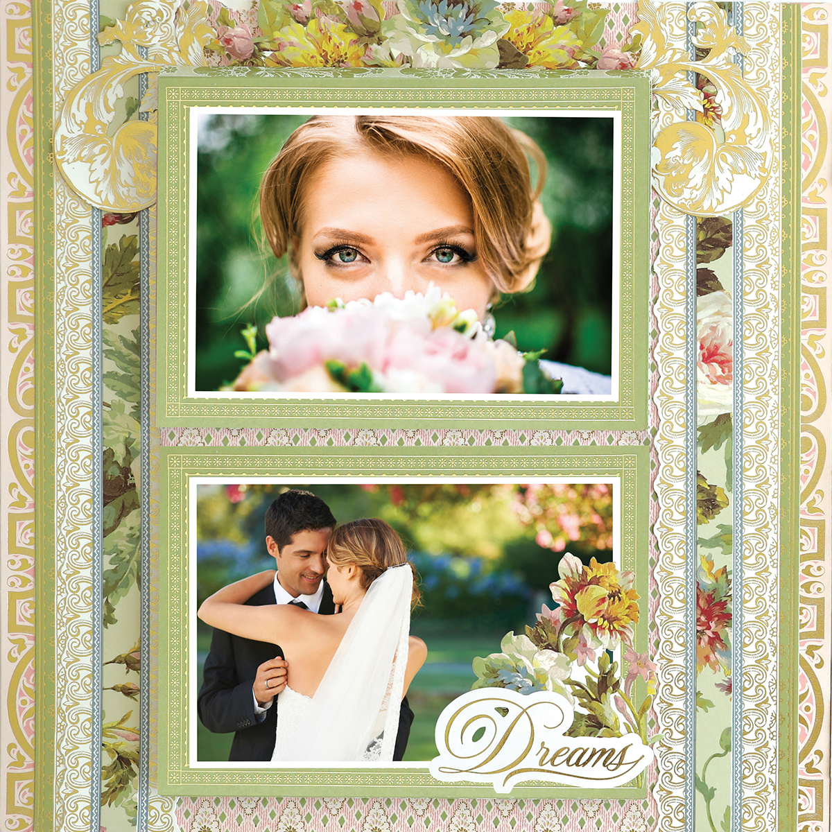The 12x12 Scrapbook Page Francesca Multi Pattern Left is a wedding-themed photo frame styled like a digital scrapbook, showcasing two photos—bride with flowers, couple embracing—with floral motifs and “Dreams” for a cherished, personalized display.