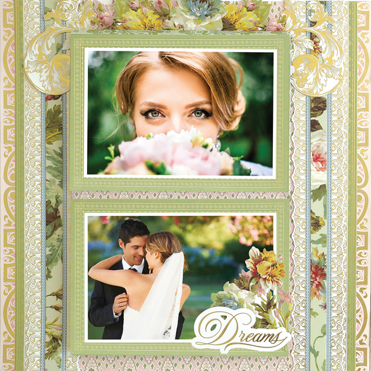 The 12x12 Scrapbook Page Francesca Multi Pattern Left is a wedding-themed photo frame styled like a digital scrapbook, showcasing two photos—bride with flowers, couple embracing—with floral motifs and “Dreams” for a cherished, personalized display.