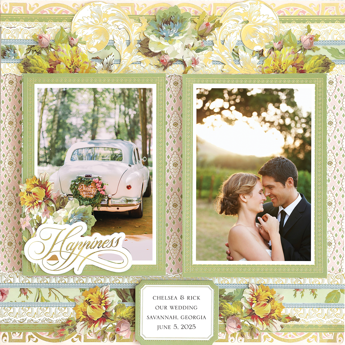 The 12x12 Scrapbook Page Francesca Multi Pattern Right features a white vintage car and an embracing couple outdoors, making it ideal for commemorating Chelsea & Rick’s June 5, 2025 Savannah wedding in digital scrapbooks or archives.