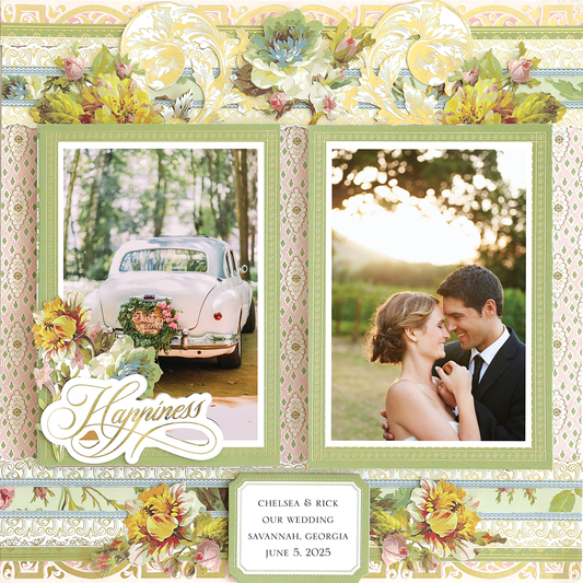 The 12x12 Scrapbook Page Francesca Multi Pattern Right features a white vintage car and an embracing couple outdoors, making it ideal for commemorating Chelsea & Rick’s June 5, 2025 Savannah wedding in digital scrapbooks or archives.