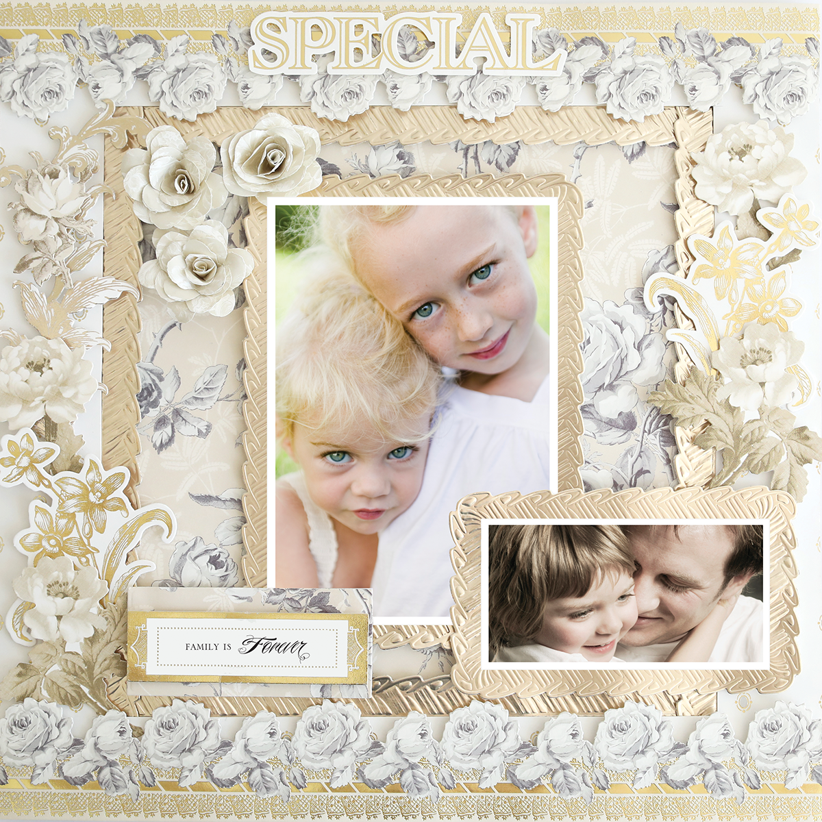 The 12x12 Scrapbook Page Faded Rose Rolled Rose Right features floral designs, two photos—one of children, one of an adult hugging a child—and "SPECIAL" displayed at the top.