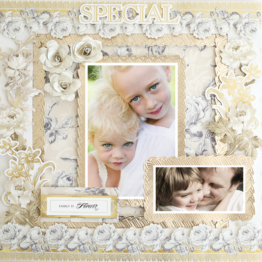 The 12x12 Scrapbook Page Faded Rose Rolled Rose Right features floral designs, two photos—one of children, one of an adult hugging a child—and "SPECIAL" displayed at the top.