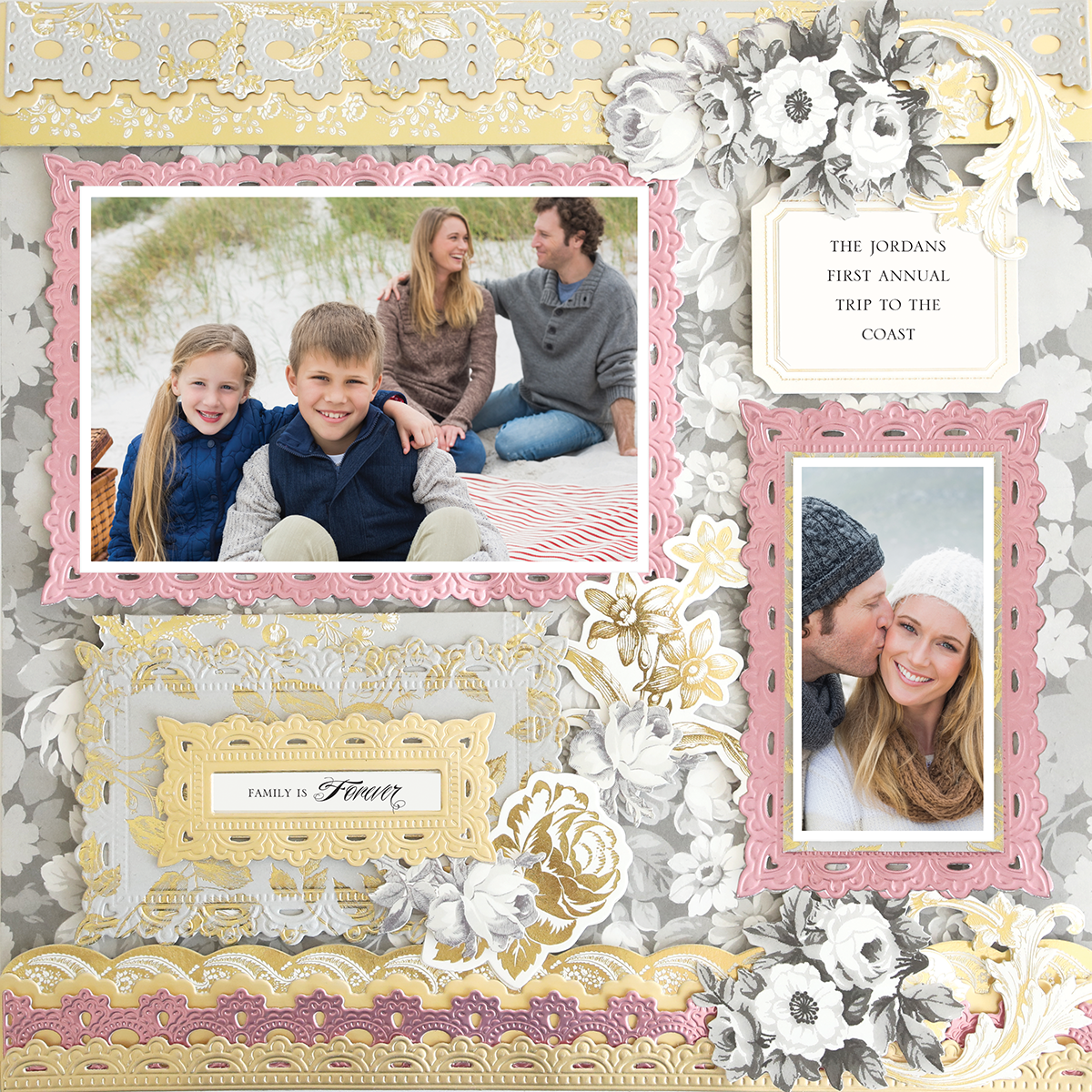 A 12x12 Scrapbook Page Faded Rose Pink Right featuring two family coast photos, floral borders, and text: "The Jordans' first annual trip to the coast" and "Family is forever.