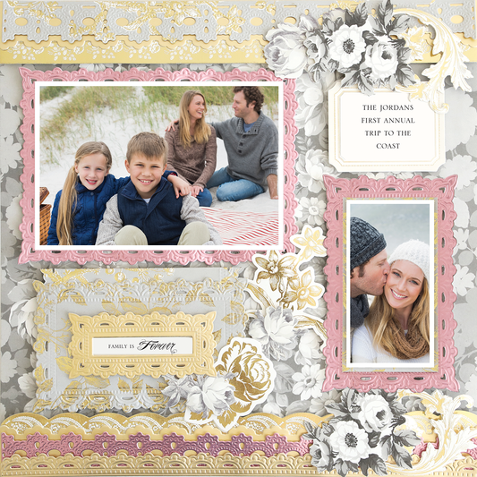 A 12x12 Scrapbook Page Faded Rose Pink Right featuring two family coast photos, floral borders, and text: "The Jordans' first annual trip to the coast" and "Family is forever.