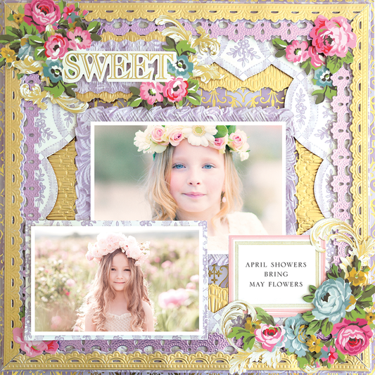 The 12x12 Scrapbook Page Phoebe Lace Border Left showcases two young girls with flower crowns, floral embellishments, and a sign that reads "April showers bring May flowers.