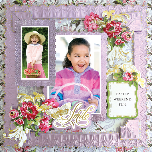 The 12x12 Scrapbook Page Phoebe Ruffle Frame Left features two photos of children with baskets, floral accents, and an "Easter Weekend Fun" label—ideal for photo realistic paper crafting and lasting archival keepsakes.