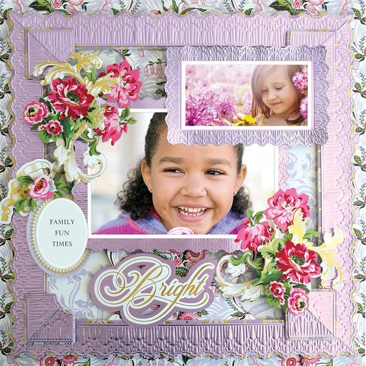The 12x12 Scrapbook Page Phoebe Ruffle Frame Right features ornate floral borders, photorealistic paper crafting, "Bright" text, a smiling girl, a child with flowers, and an oval label reading "Family Fun Times," ideal for archival use.