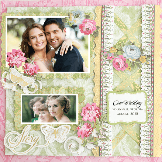 The 12x12 Scrapbook Page Phoebe Scrollwork Pattern Left is a decorative digital page with photos of a smiling couple and bride, floral accents, and text: “Our Wedding, Savannah, Georgia, August, 2025,” ideal for archival use.
