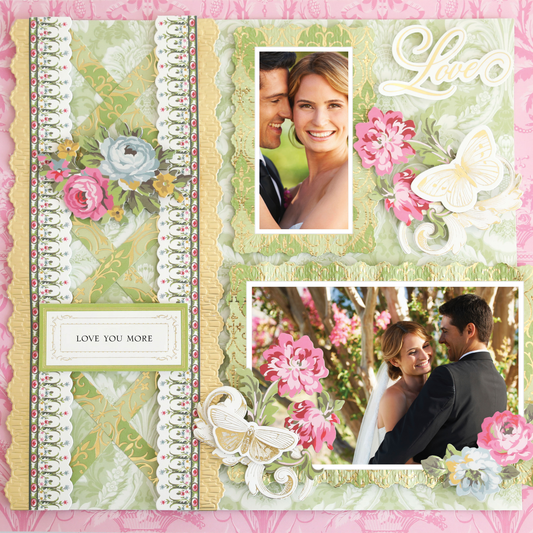 The 12x12 Scrapbook Page Phoebe Scrollwork Pattern Right showcases two wedding photos of a smiling couple, photorealistic paper flowers, butterflies, and the words "LOVE" and "LOVE YOU MORE" on a floral-themed digital layout.