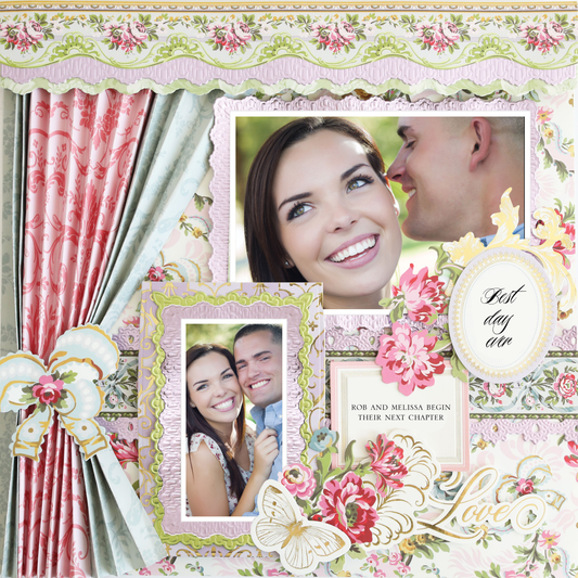The 12x12 Scrapbook Page Phoebe Cinched Curtain Left features floral patterns, space for two couple photos, and the text “Best day” and “Rob and Melissa begin their next chapter.” Ideal for preserving special memories.