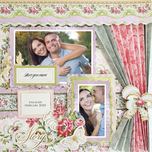 A 12x12 Scrapbook Page Phoebe Cinched Curtain Right featuring two smiling couple photos labeled "Love you more" and "Engaged February 2025," with photorealistic paper crafting, flowers, butterflies, and ornate patterns for archival use.