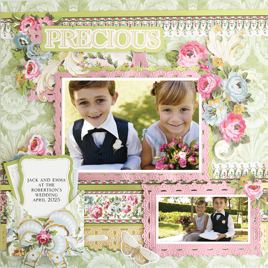 Two children in formal wear with flowers are pictured in pink and green floral frames on the "12x12 Scrapbook Page Phoebe Ribbon Border Left." Text: "Jack and Emma at the Robertson's Wedding April 2025." Perfect for digital scrapbooking.