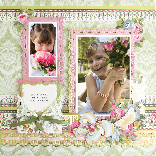 The 12x12 Scrapbook Page Phoebe Ribbon Border Right displays two photos of a young girl with flowers, floral embellishments, and the caption "Emma loved being the flower girl.