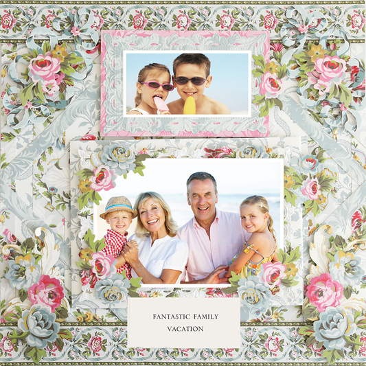 The 12x12 Scrapbook Page Phoebe Floral Left features two beach family photos with floral designs, captioned "Fantastic Family Vacation," making it perfect for archival keepsakes.