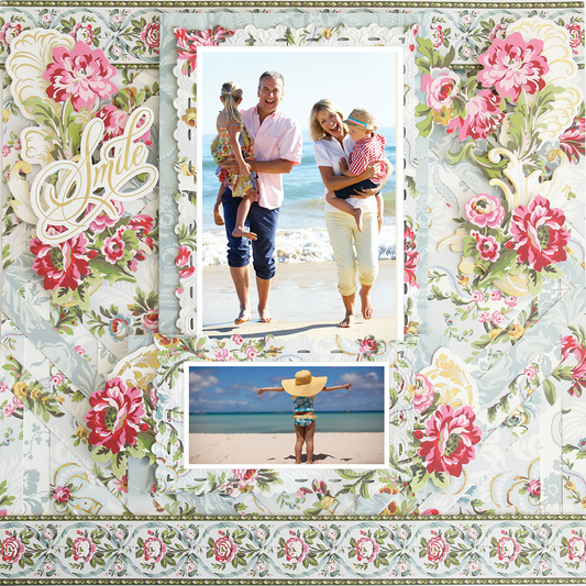 The 12x12 Scrapbook Page Phoebe Floral Right features a floral background with a family of three on the beach and a child facing the ocean with outstretched arms.