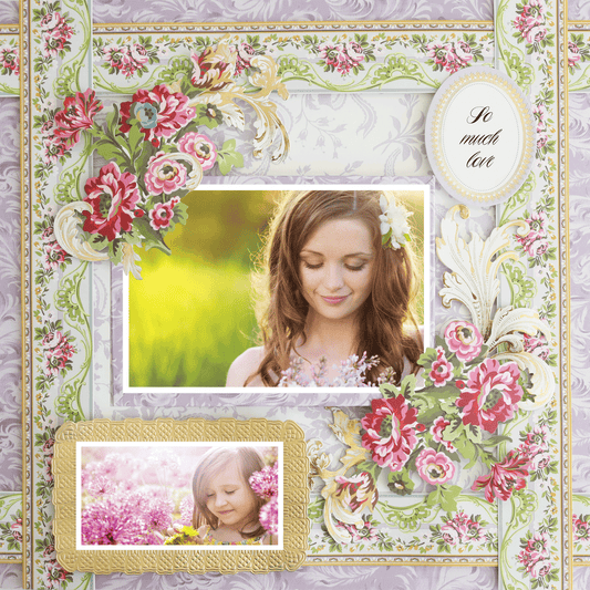 The 12x12 Scrapbook Page Phoebe Purple Right features two photos of women in flower fields, ornate floral borders, and a “So much love” frame—ideal for archival use or photorealistic paper crafting projects.