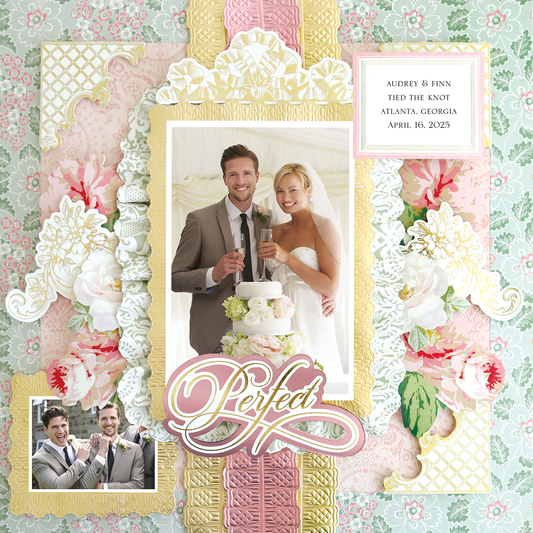 A bride and groom toast with champagne in front of a wedding cake on the 12x12 Scrapbook Page Virginia Ruffle Frame Left, featuring photorealistic floral and wedding details to capture the moment with creative flair.