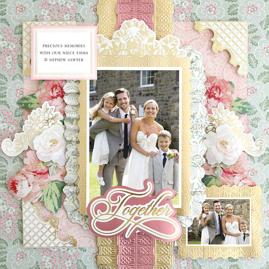The 12x12 Scrapbook Page Virginia Ruffle Frame Right features a photo-realistic design of a bride, groom, and two children outdoors with floral accents—perfect for archival paper crafting and digital scrapbooking.