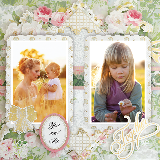 The 12x12 Scrapbook Page Virginia Diamond Floral Left features two photos—a woman and child outdoors, and a young girl with a daisy—floral accents, and text reading "You and Me" plus "Together.
