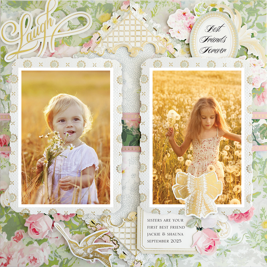 Two young girls in white dresses hold flowers in a sunlit field, framed by the "12x12 Scrapbook Page Virginia Diamond Floral Right." Digital scrapbook style with floral border. Caption: "Sisters are your first best friend. Jackie & Shauna September 2023.
