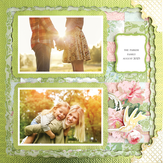The 12x12 Scrapbook Page Virginia Woven Grid Left features floral patterns, two photos (a couple holding hands, a woman giving a piggyback ride), photo-realistic paper crafting, and the text "The Parker Family August 2025.