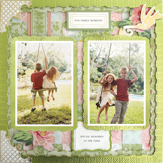 Two children, a boy and a girl, play on a swing in a grassy yard, captured on the 12x12 Scrapbook Page Virginia Woven Grid Right with realistic paper crafting, floral borders, and decorative accents.