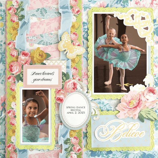 A photo-realistic 12x12 Scrapbook Page Virginia Woven Border Left displays two girls in blue tutus at a dance recital, floral accents, and text: "Dance towards your dreams," "Spring Dance Recital April 2, 2025," and "Believe." Great for archiving.