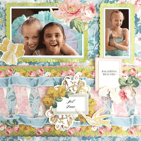 The 12x12 Scrapbook Page Virginia Woven Border Right features photo realistic floral patterns, two smiling girls, a solo ballerina, and text labels "BALLERINA BEAUTIES" and "Just Dance" to beautifully enhance your memories.