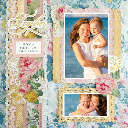 A woman and young child smile and hug on a beach, featured in ornate floral frames on the 12x12 Scrapbook Page Virginia Blue Floral Left, with the text “Together” and “It was a perfect day for the beach.”.