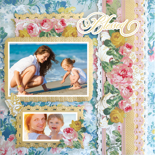 The 12x12 Scrapbook Page Virginia Blue Floral Right features photo-realistic floral designs, space for two photos, and "Blessed" at the top—ideal for archival use and creative paper crafting projects.