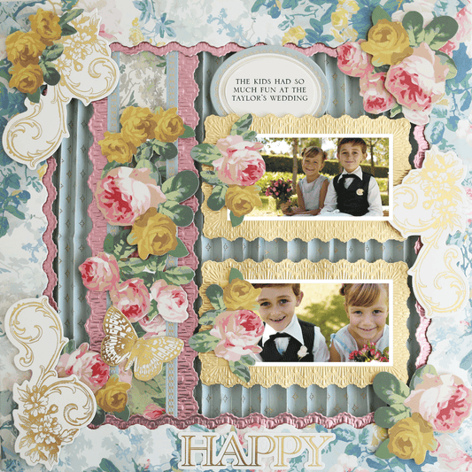 12x12 Scrapbook Page Virginia Accordion Fold Left with photo realistic paper crafting, floral designs, two framed photos of smiling children at a wedding, and the caption: “The kids had so much fun at the Taylor’s wedding.”.