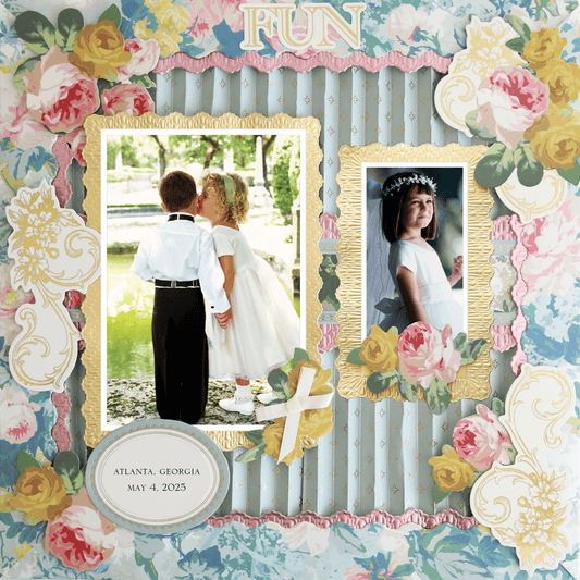 The 12x12 Scrapbook Page Virginia Accordion Fold Right features a digital floral border, two formal child photos (one kissing), and the label “ATLANTA, GEORGIA MAY 4, 2025”—perfect for photo realistic paper crafting and archival use.