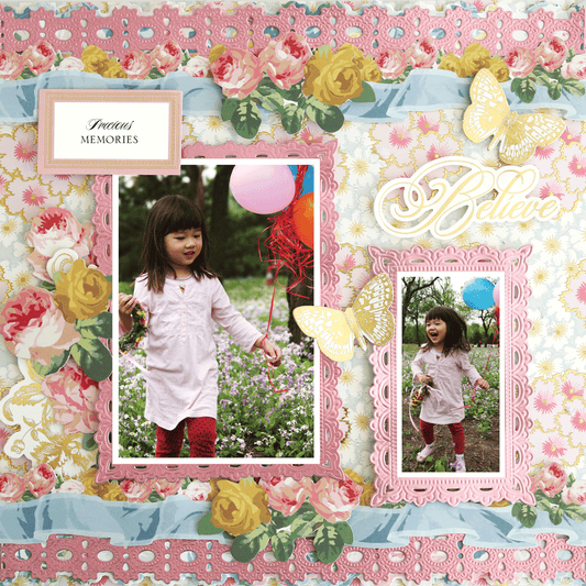 A young girl with colorful balloons stands in a garden, featured in two framed photos on the "12x12 Scrapbook Page Virginia Pink Flower Burst Left," adorned with butterflies and the words "Treasured Memories" and "Believe.