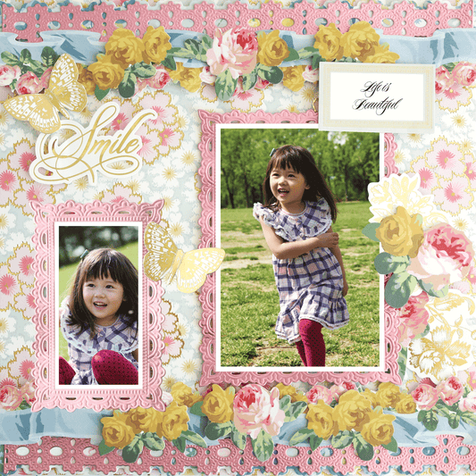 Capture joyful moments with the 12x12 Scrapbook Page Virginia Pink Flower Burst Right, featuring two photos of a young girl outdoors, floral patterns, butterflies, and uplifting phrases like "Smile" and "Life's Beautiful." Archival quality.