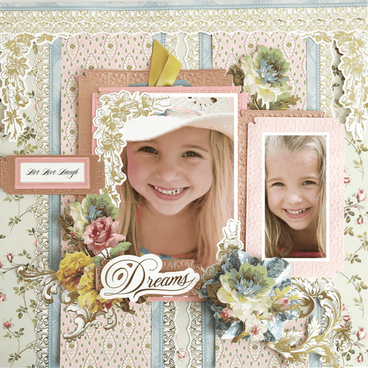 A photo realistic 12x12 Scrapbook Page Francesca Pink Stripe Left, with two photos of a smiling young girl, floral decorations, ornate frames, and the words “Dreams” and “Let Her Laugh.”.
