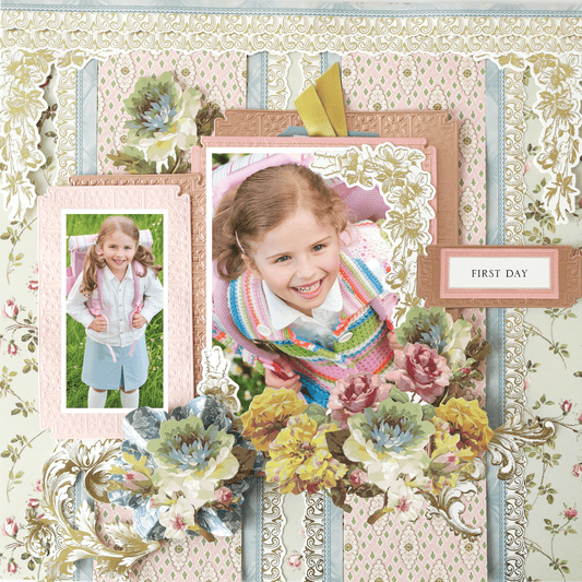 The 12x12 Scrapbook Page Francesca Pink Stripe Right features space for two photos, floral embellishments, ornate frames, and a "First Day" label—ideal for photorealistic paper crafting and archival projects.