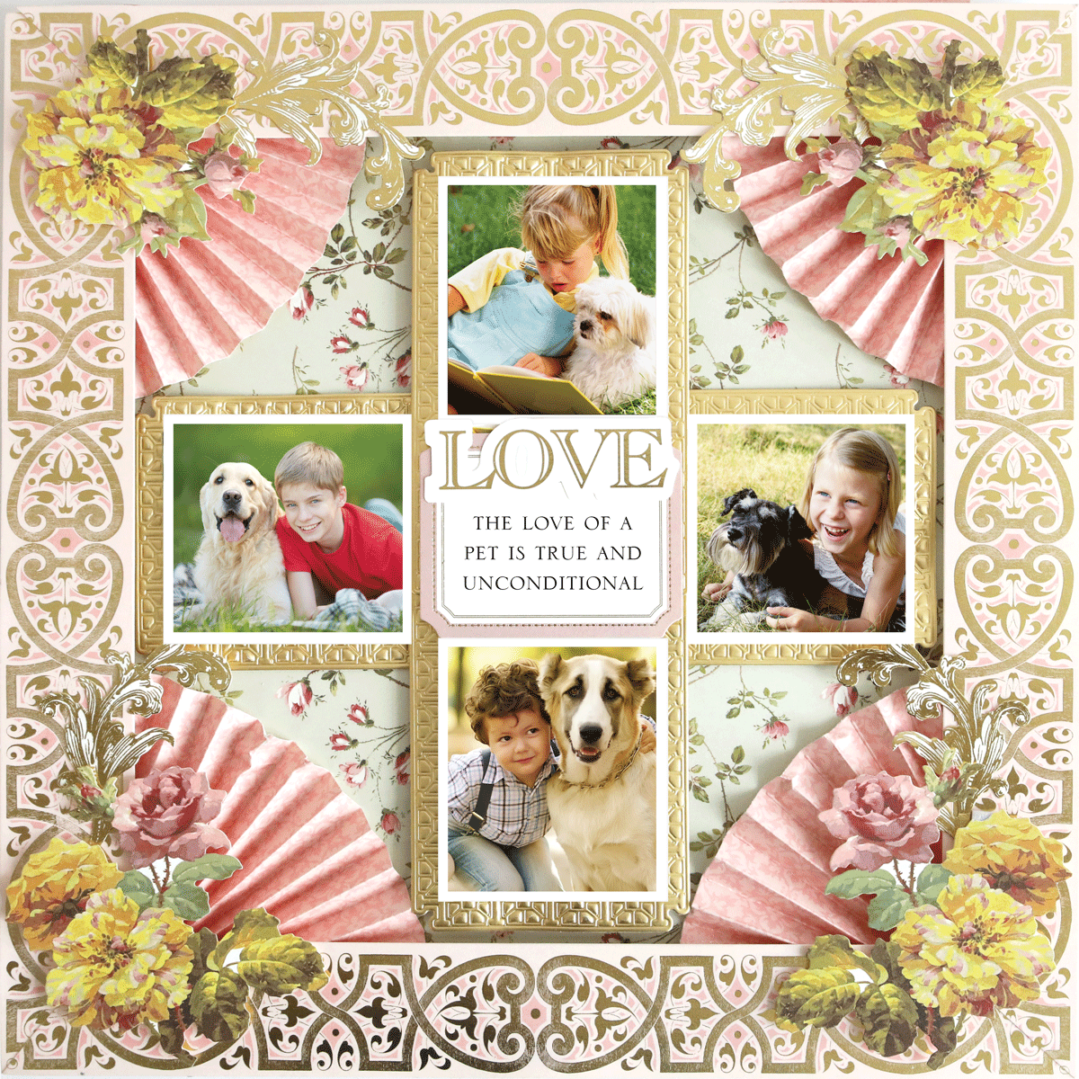 The 12x12 Scrapbook Page Francesca Fan Corners Left features floral and fan patterns with photos of children and dogs, plus a heartfelt quote: "Love: The love of a pet is true and unconditional." Ideal for keepsakes or archival memories.