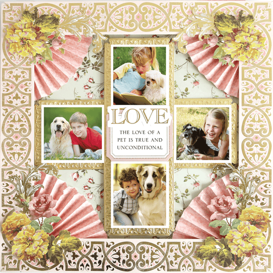 The 12x12 Scrapbook Page Francesca Fan Corners Left features floral and fan patterns with photos of children and dogs, plus a heartfelt quote: "Love: The love of a pet is true and unconditional." Ideal for keepsakes or archival memories.