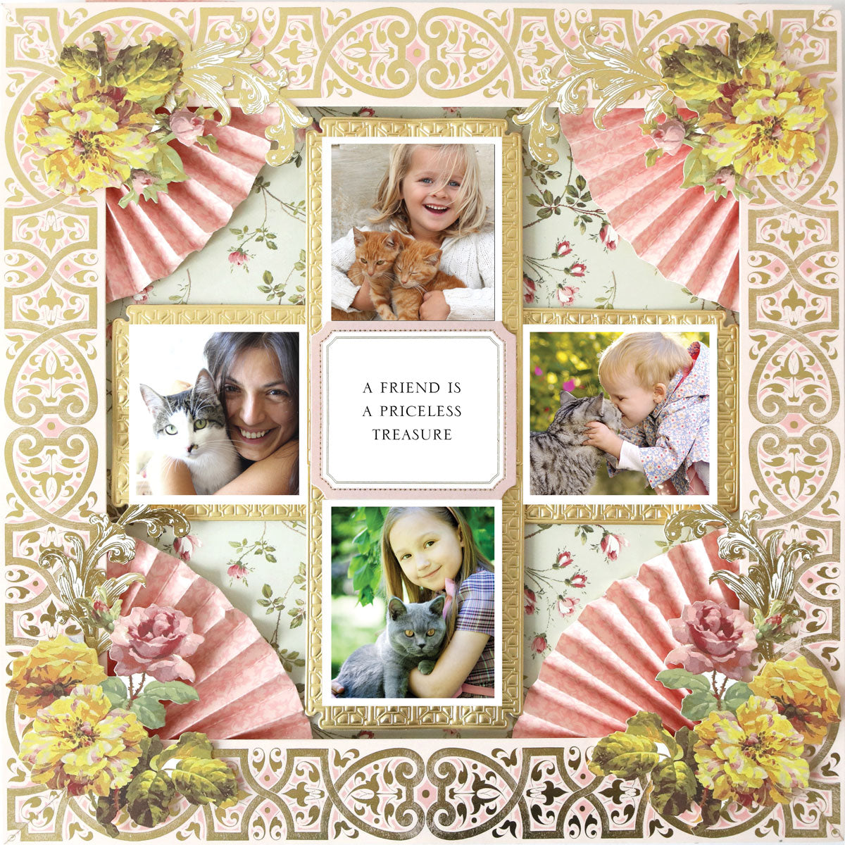 The 12x12 Scrapbook Page Francesca Fan Corners Right showcases a photo-realistic collage with floral and fan designs, depicting three children and a woman with cats, plus the phrase: “A friend is a priceless treasure.” Perfect for digital scrapbooking.
