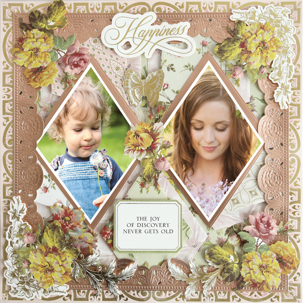 The 12x12 Scrapbook Page Francesca Double Diamond Left showcases photo-realistic papercraft with floral embellishments, featuring a child with a dandelion and a woman with flowers. Text: "Happiness" and "The joy of discovery never gets old.