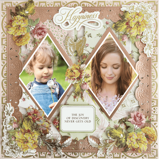 The 12x12 Scrapbook Page Francesca Double Diamond Left showcases photo-realistic papercraft with floral embellishments, featuring a child with a dandelion and a woman with flowers. Text: "Happiness" and "The joy of discovery never gets old.